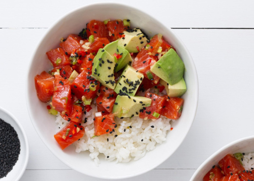 Salmon Poke Bowl with Rice and Avocado