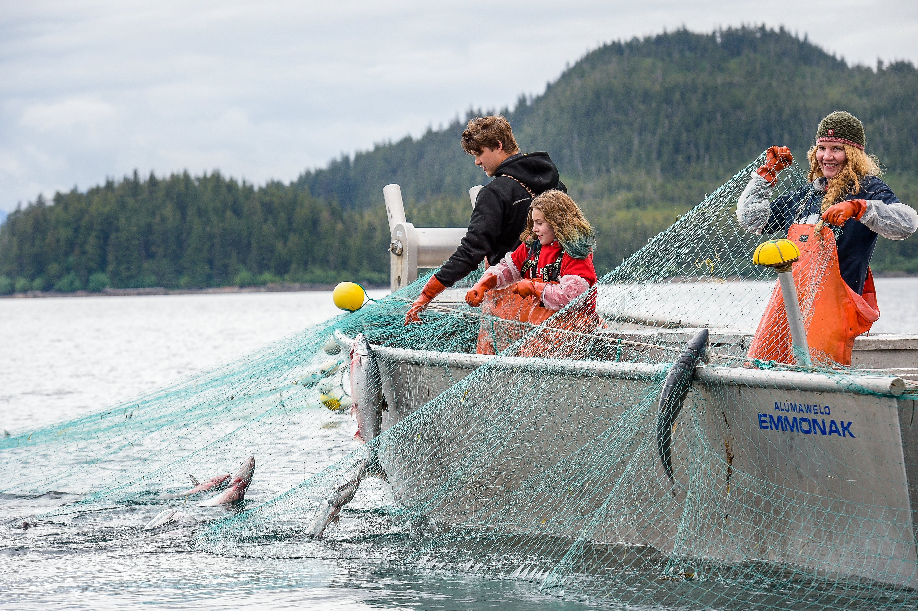 Blythe Thomas and her family harvest fresh sockeye salmon from their set net sight in Prince William Sound.