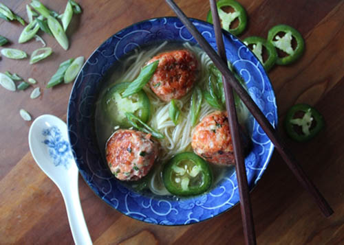 Salmon Meatballs in Miso Broth with Udon Noodles