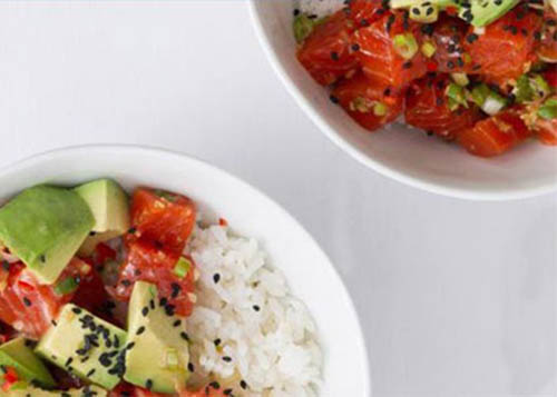 Salmon Poke Bowl with Rice and Avocado