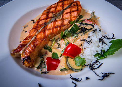 Grilled Salmon Steak with sauce and rice